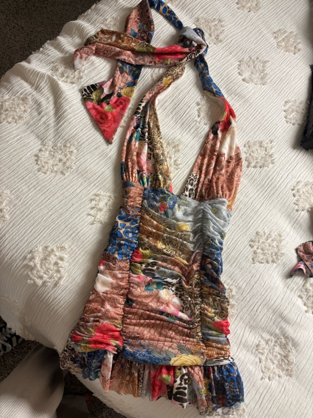 Colorful Mixed Print Halter Mini Dress